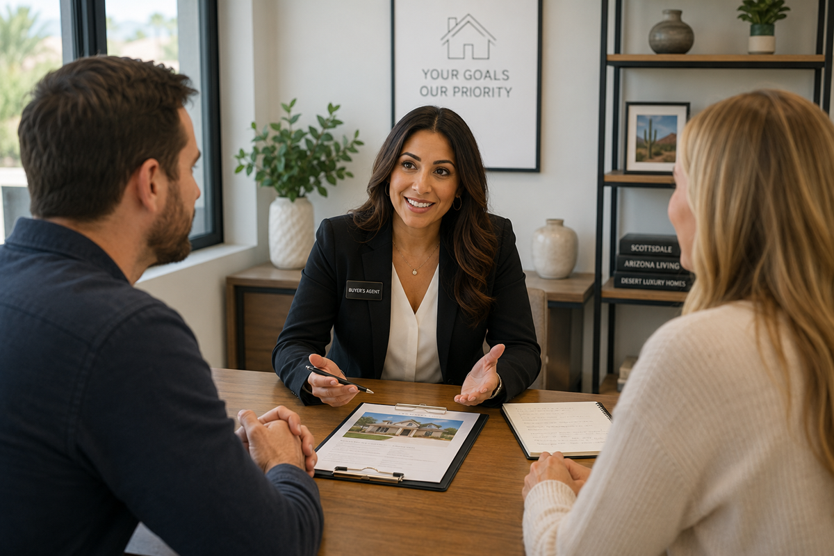 A rendering of a buyer's agent meeting with a couple to discuss purchasing a luxury home in Arizona.
