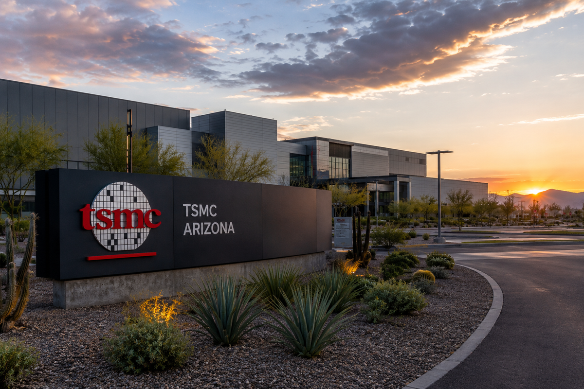 Rendering of TSMC Arizona semiconductor campus in North Phoenix at sunset with desert landscaping and mountains in the distance.