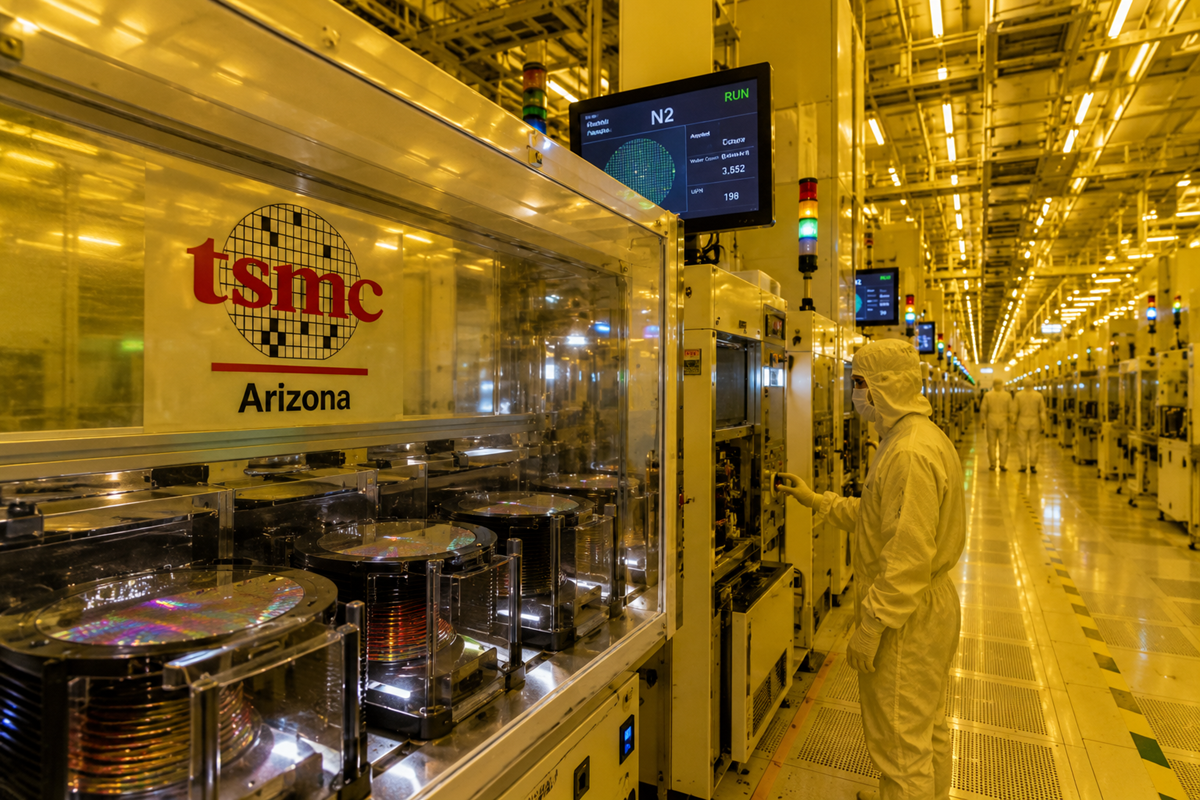 Rendering of TSMC Arizona semiconductor fab cleanroom with advanced chipmaking equipment, silicon wafers, and technicians in protective suits.
