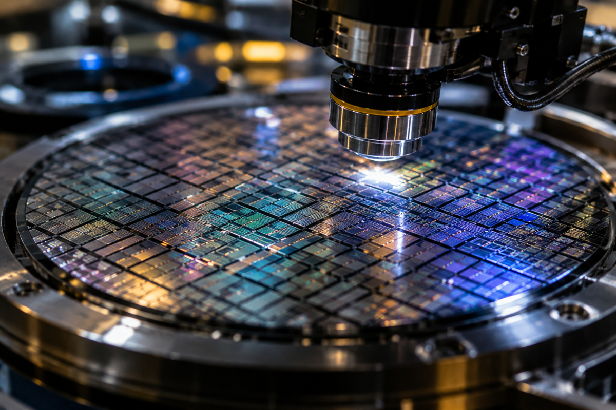 Render of a silicon wafer being inspected under precision equipment, revealing intricate semiconductor chips and colorful microscopic circuitry.