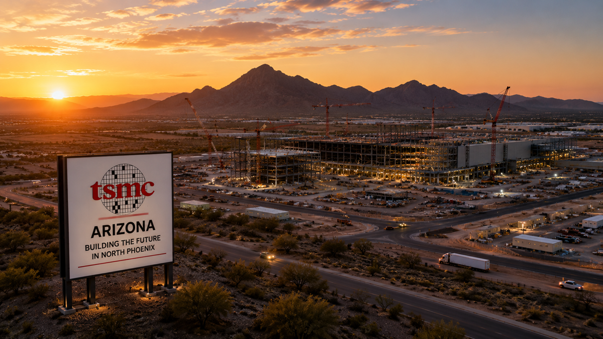 Render of the expanding TSMC semiconductor campus in North Phoenix at sunset with construction cranes, desert landscape, and mountains in the distance.