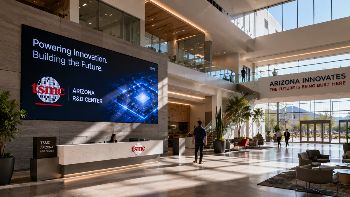 Render of a modern TSMC Arizona research and development center with a bright high-tech lobby and semiconductor displays.
