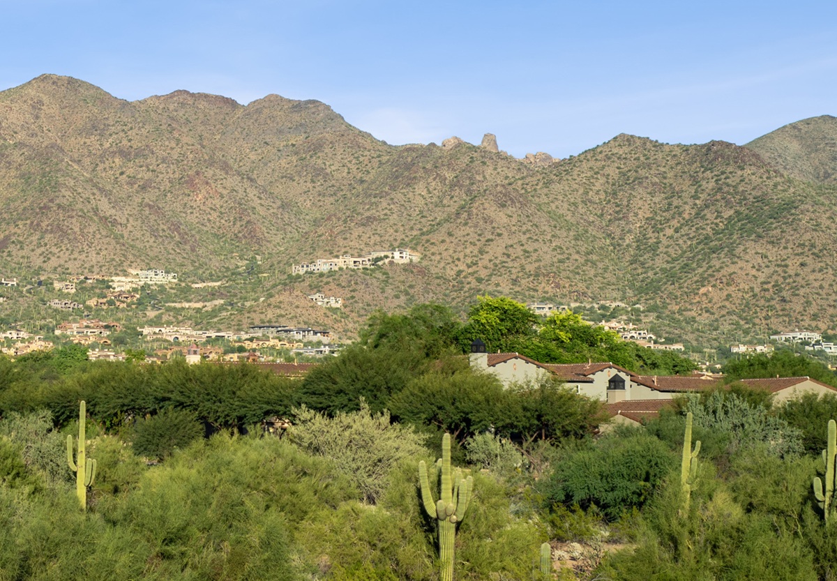 A photo of DC Ranch homes beneath the McDowell Mountains.