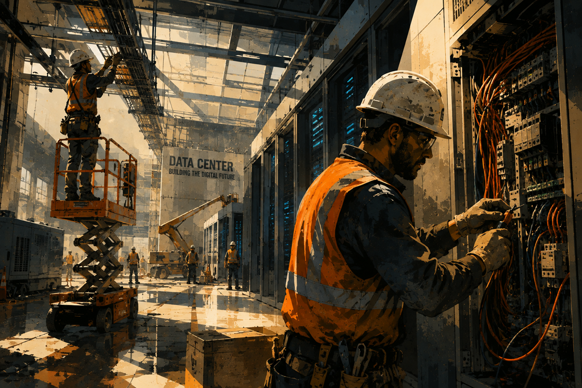 Construction worker installing electrical systems inside a data center.