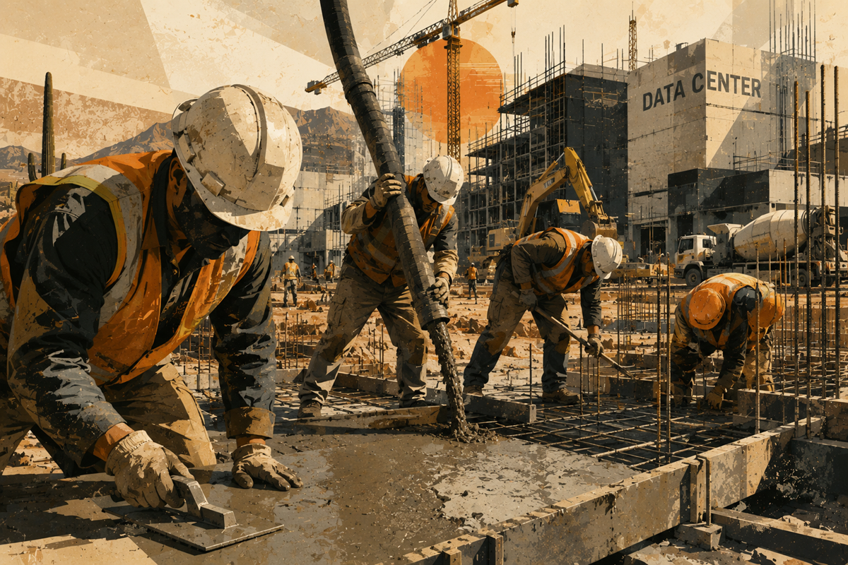 Construction crews pouring concrete at a Phoenix data center site.