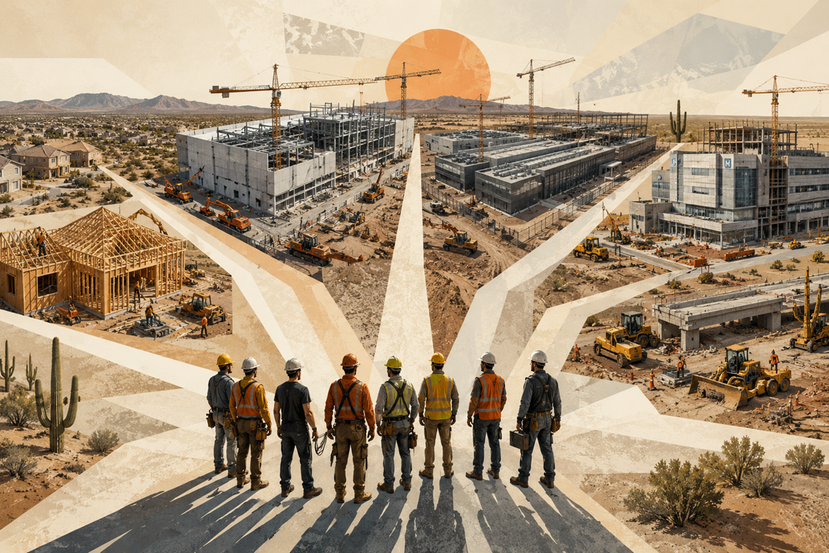 Construction workers overlooking multiple major development projects.