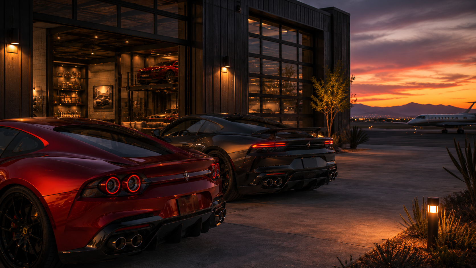 Luxury sports cars parked outside a private Scottsdale Airpark garage with a jet at sunset.