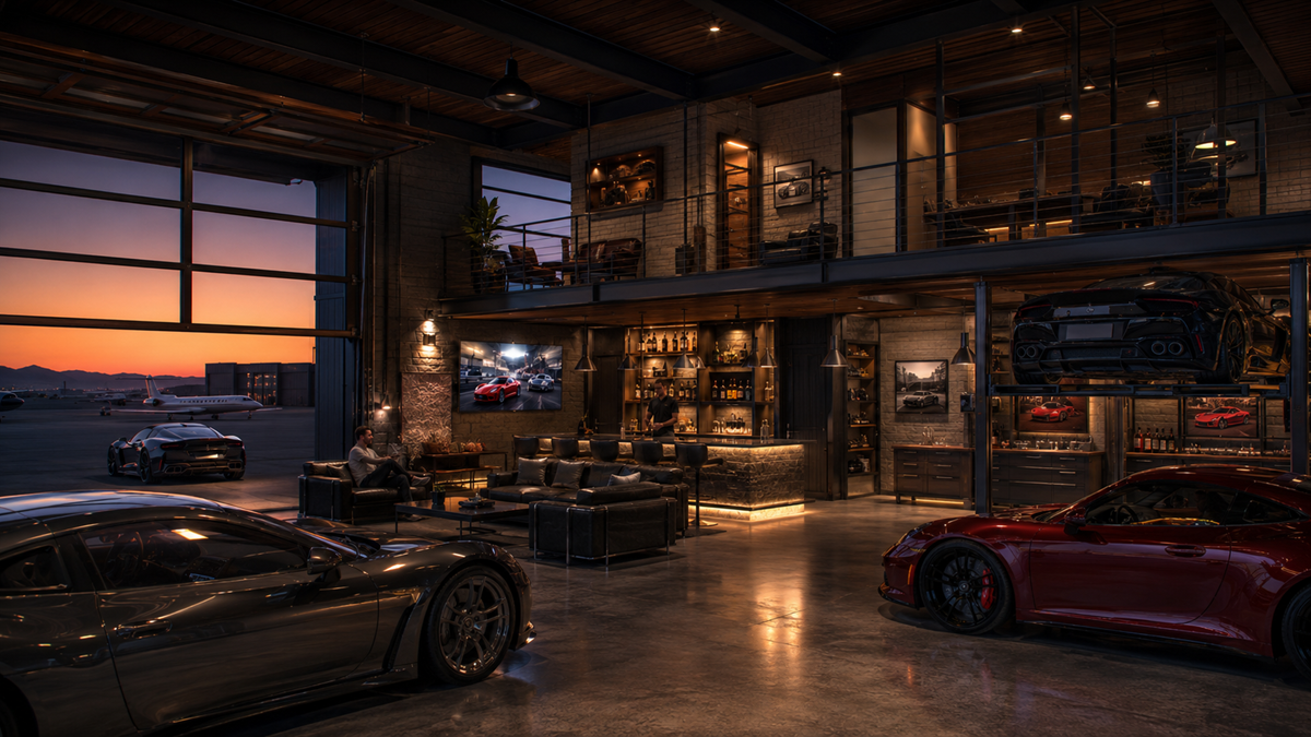 Rendering of a luxury car condo interior with a lounge, mezzanine, and exotic vehicles.