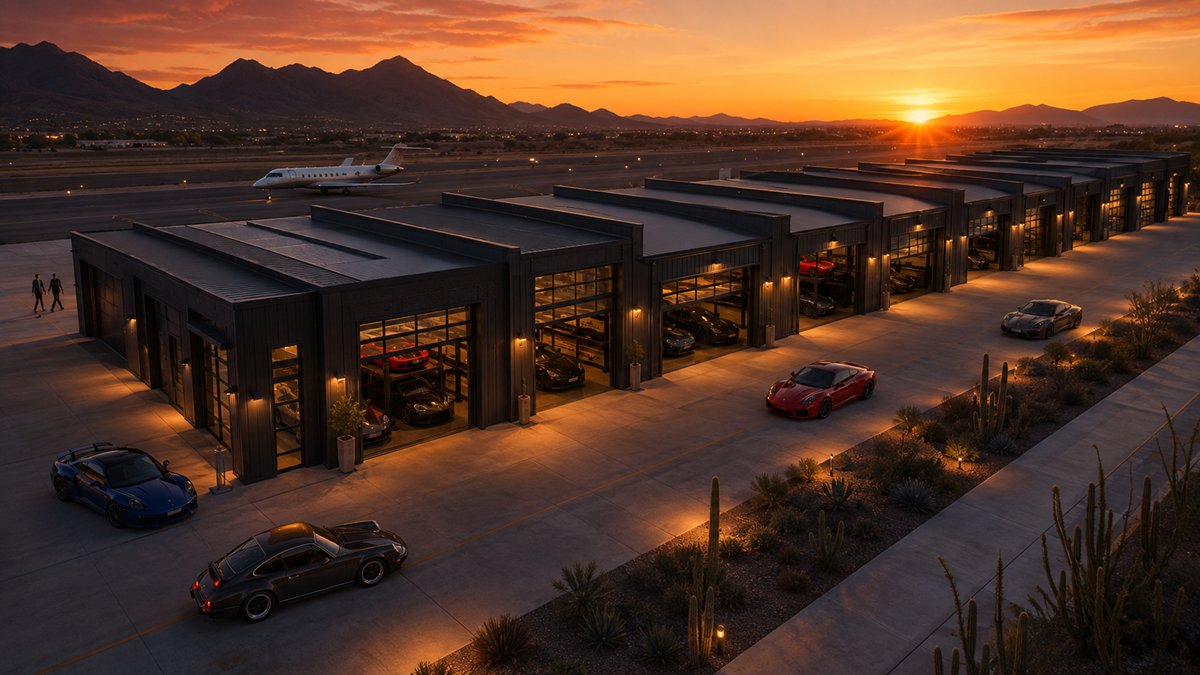 Aerial rendering of Scottsdale Airpark garages, luxury cars, a private jet, and desert mountains at sunset.