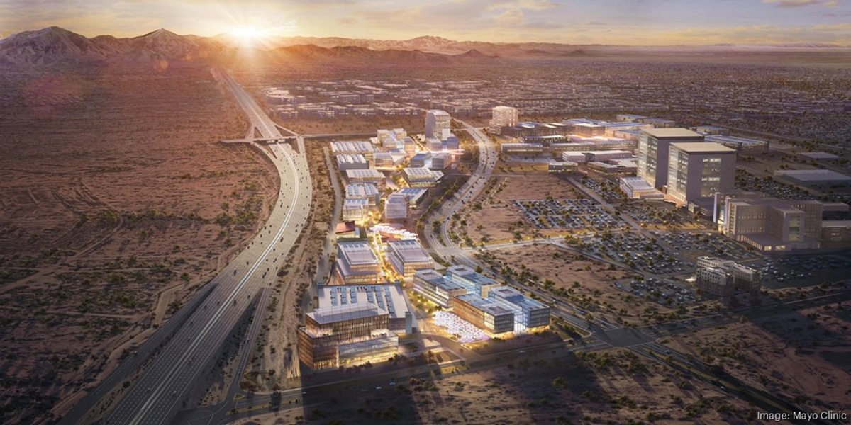 Aerial rendering of Discovery Oasis near Mayo Clinic, showing future development, roadways, and surrounding North Scottsdale desert.