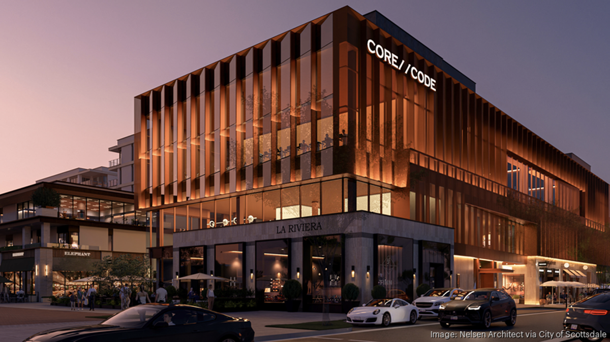 Rendering of The Parque in Scottsdale with contemporary mixed-use buildings, restaurants, gathering spaces, and evening activity.