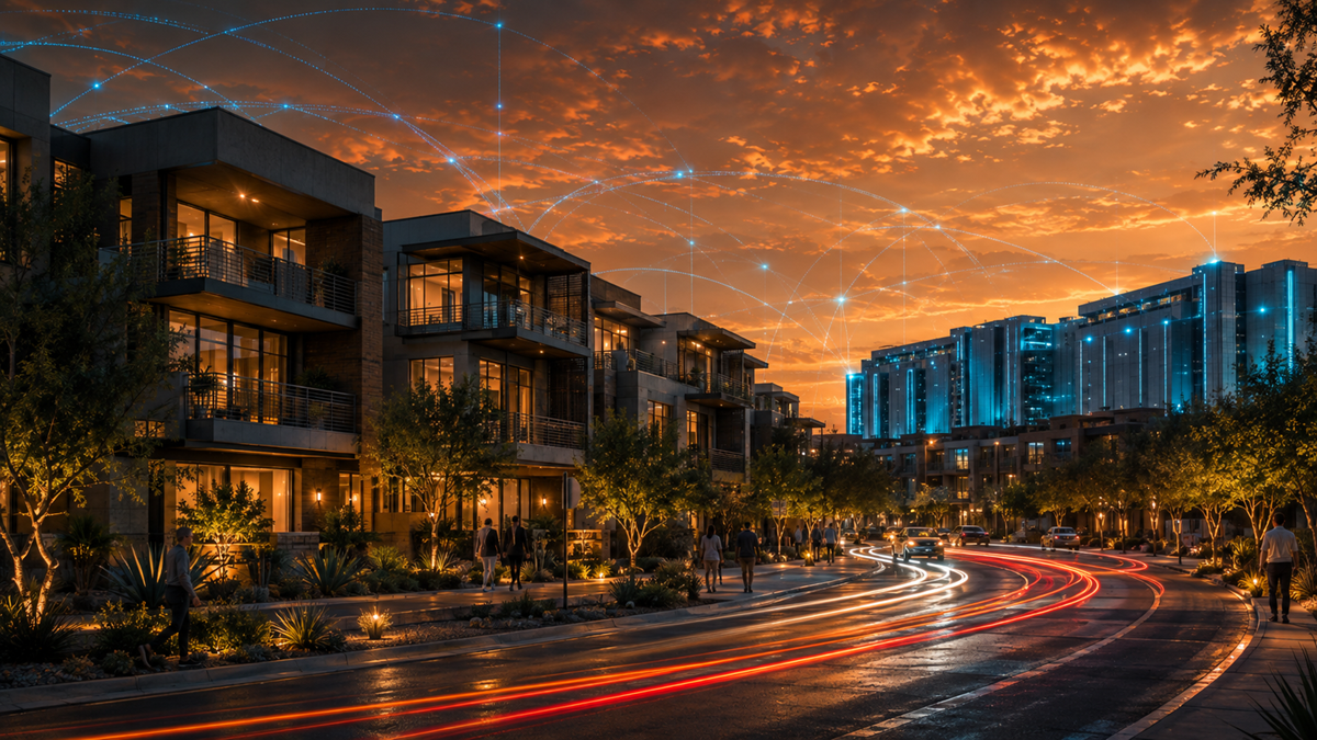 Modern high-density homes and a technology campus at sunset, connected by glowing blue data lines and streaking traffic lights.