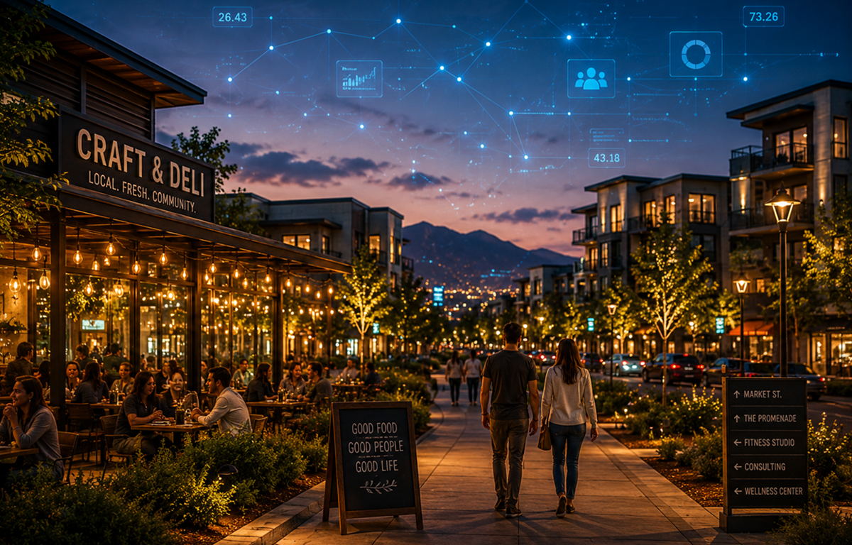 Lively modern shopping and dining district at dusk with pedestrians, warm storefront lighting, and subtle blue digital network graphics overhead.