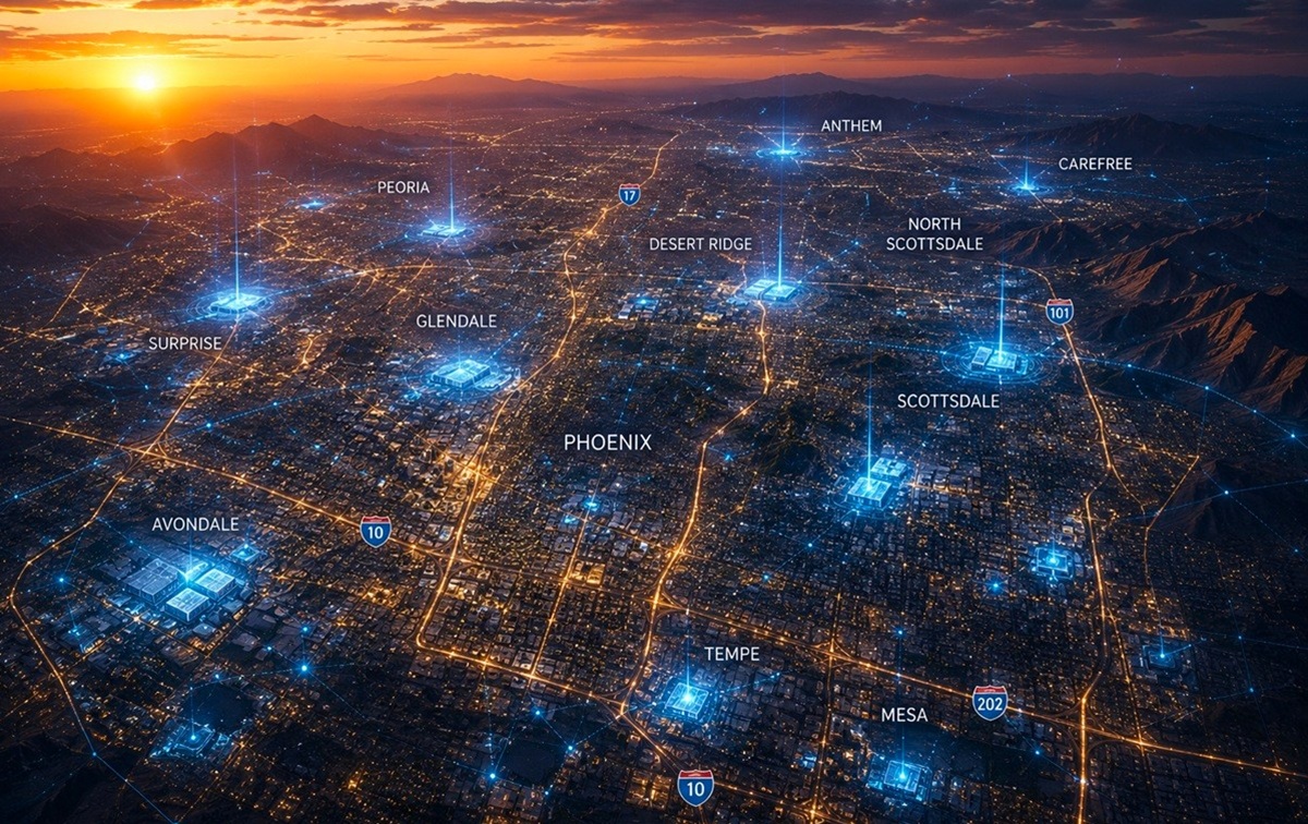 Aerial view of Greater Phoenix at sunset with major Valley cities labeled and blue illuminated technology hubs across the metro area.