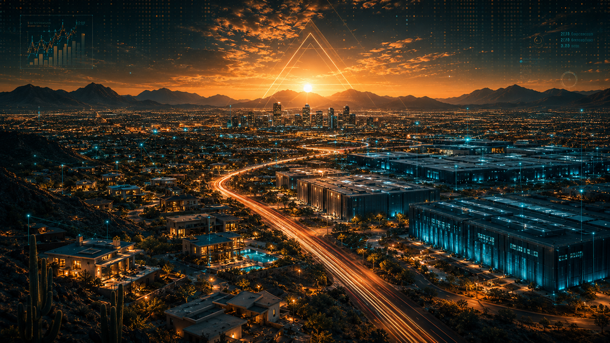 Futuristic Greater Phoenix landscape at sunset with neighborhoods, technology campuses, glowing highways, and subtle blue data connections throughout the Valley.