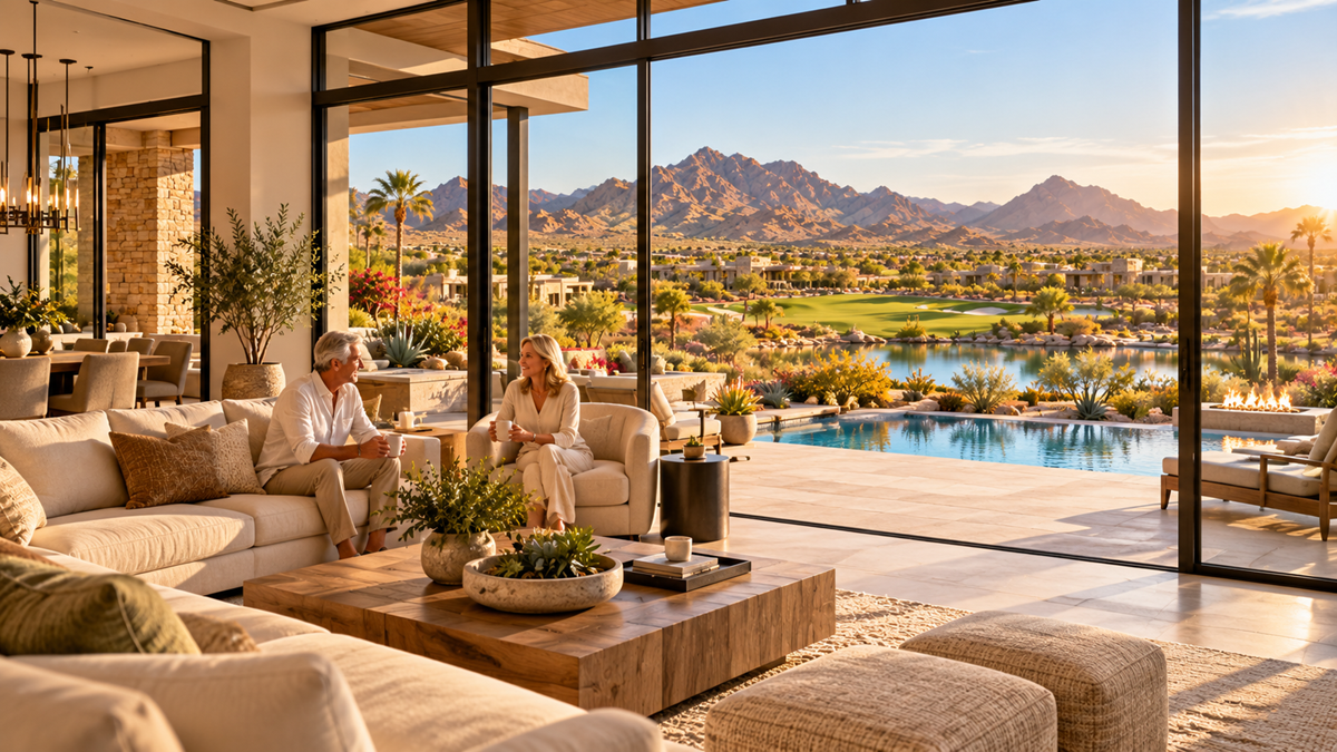 Rendering of a luxury desert home interior with expansive glass walls overlooking a private pool, golf course, lake, & mountain views.