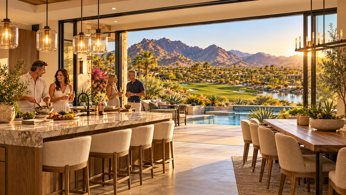 Rendering of adults gathering inside a luxury desert home with an open kitchen, pool, golf course, & mountain views beyond.