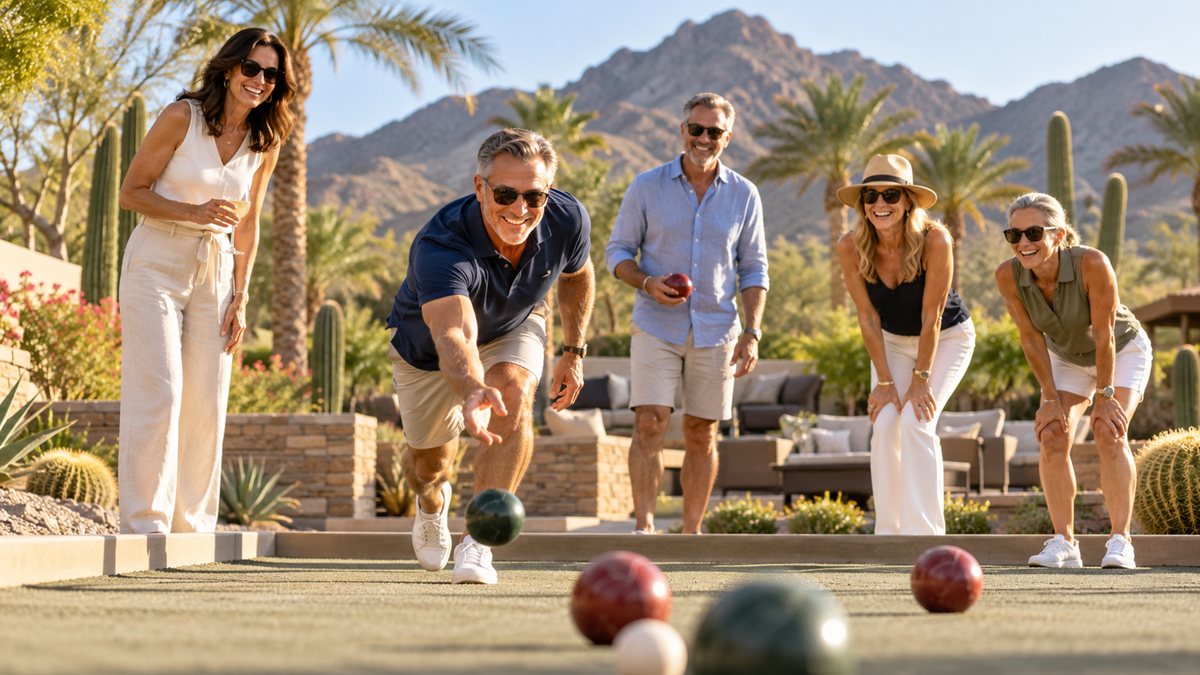 Rendering of active adults playing bocce ball outdoors at a desert resort-style community with palm trees & mountain views.