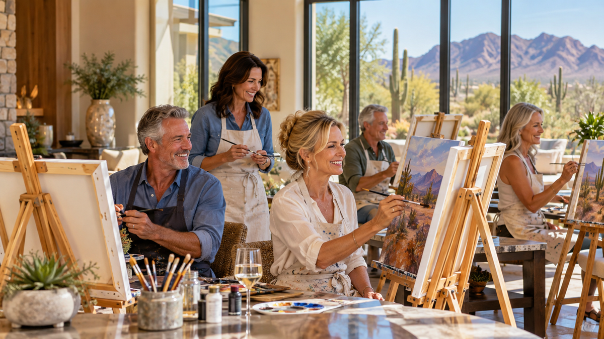 Rendering of active adults playing bocce ball outdoors at a desert resort-style community with palm trees & mountain views.