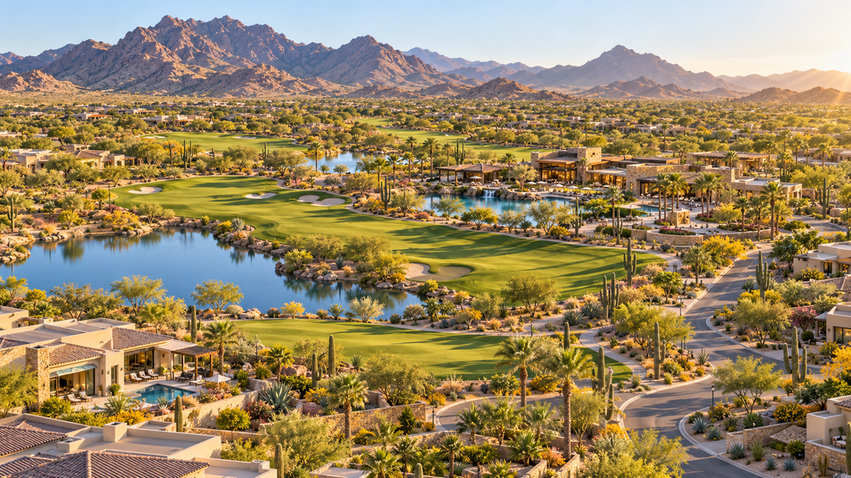 Rendering of a luxury desert golf community with homes, lakes, resort amenities, green fairways, & mountains in the distance.