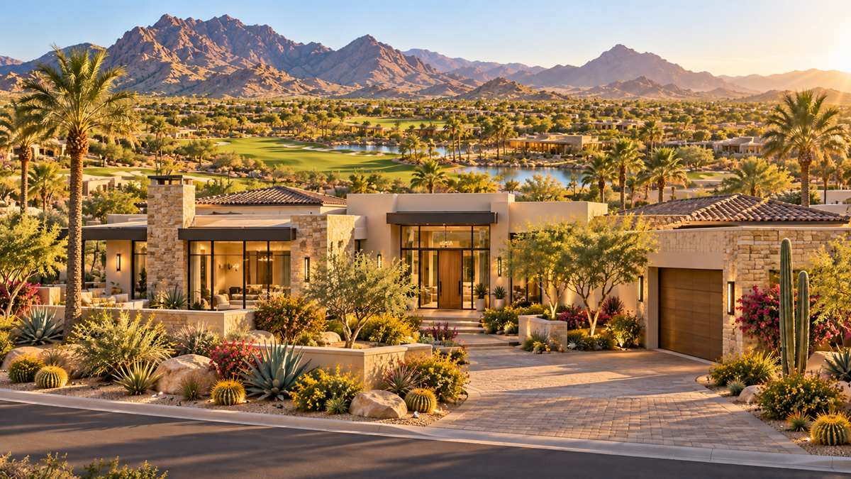 Rendering of a luxury desert home overlooking a golf course community with native landscaping, water features, & mountain views.