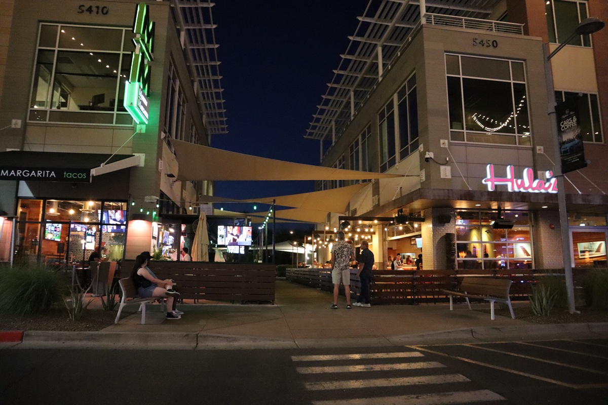 Nightime image featuring High Street in Desert Ridge.