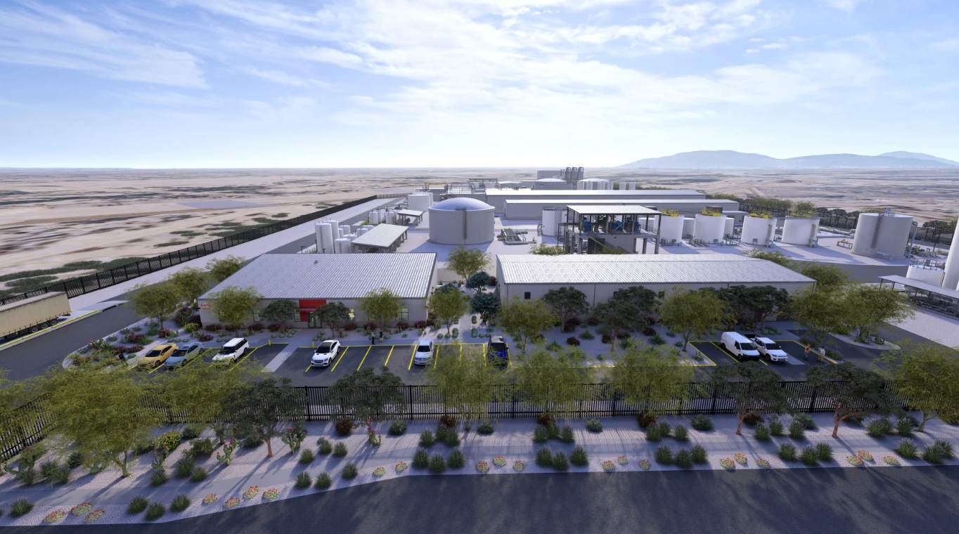 Rendering of TSMC’s planned water reclamation facility in North Phoenix with industrial buildings, tanks, parking, & desert landscaping.