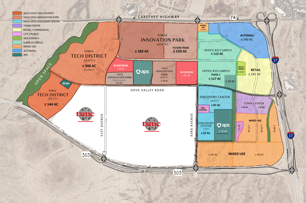 Halo Vista master plan showing the tech district, innovation park, Discovery Center, retail, mixed-use areas, & TSMC campus.