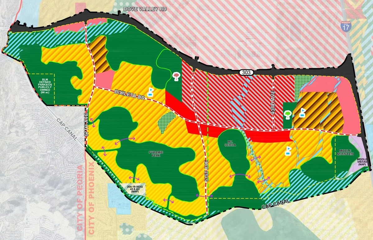 NorthPark land-use map showing planned residential areas, employment districts, open space, roads, & the Loop 303 corridor.