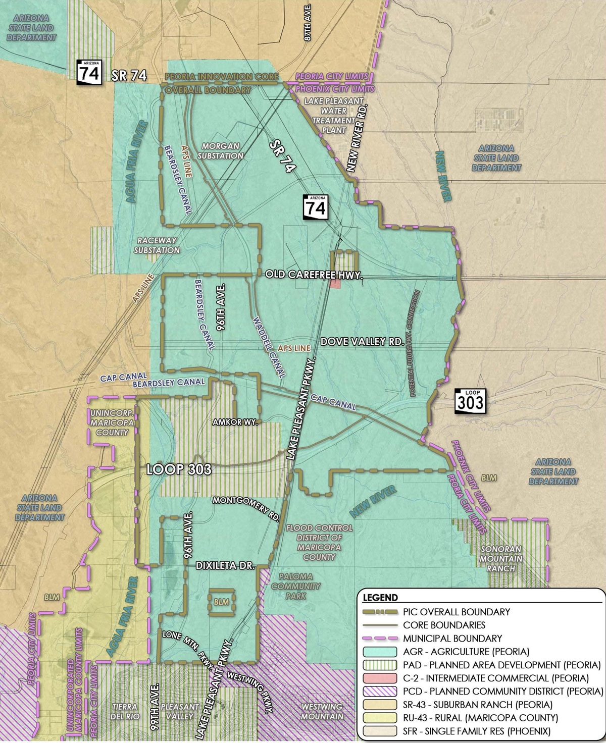 Peoria Innovation Core map showing the planning boundary, Loop 303, State Route 74, Lake Pleasant Parkway, & surrounding land uses.