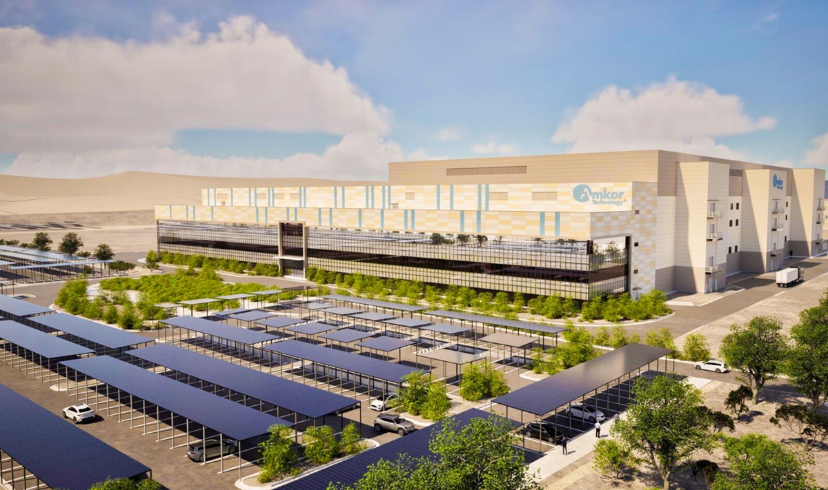 Rendering of Amkor Technology’s planned semiconductor packaging facility in Peoria with parking structures, landscaping, & the main manufacturing building.