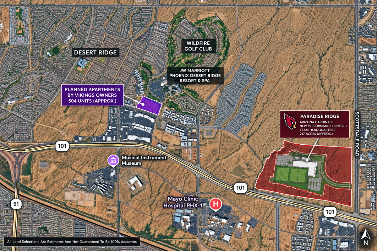 Aerial map showing the planned Desert Ridge apartments and the Arizona Cardinals’ Paradise Ridge headquarters and performance center near Loop 101.