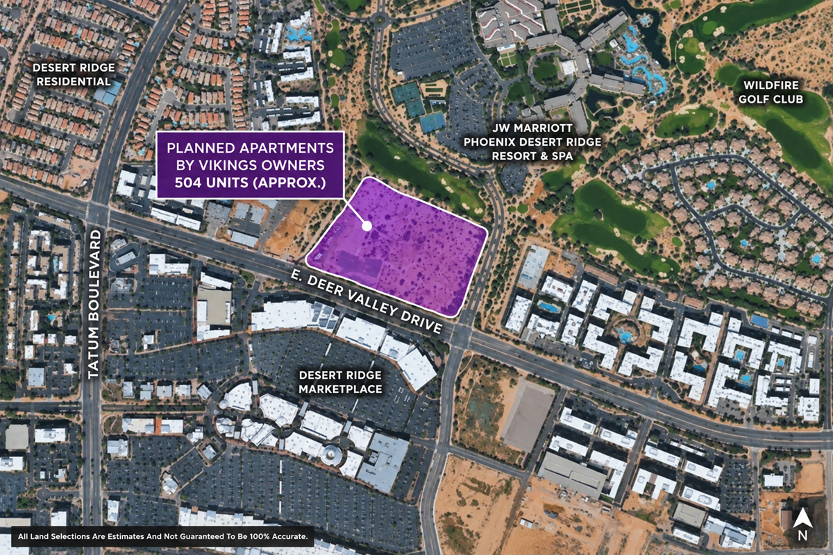 Close aerial view of the planned 504-unit apartment site near Desert Ridge Marketplace, the JW Marriott, Wildfire Golf Club, and Deer Valley Drive.
