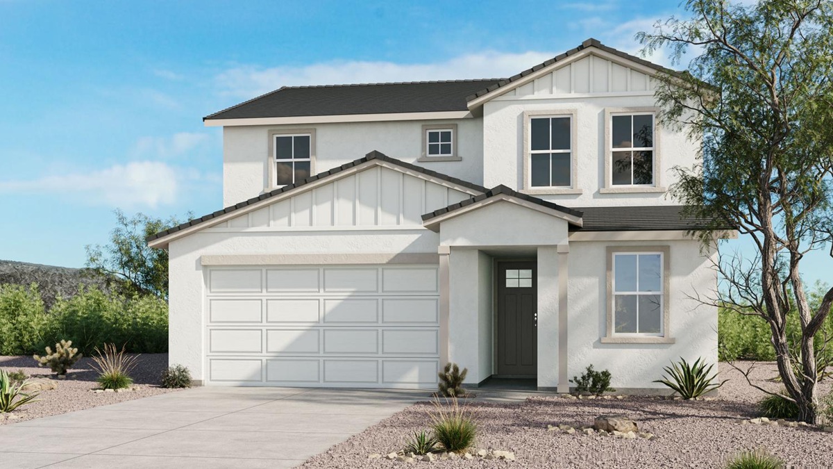 Rendering of Taylor Morrison’s Sienna home at Saddleback in Peoria, featuring a two-story white exterior, dark roof, two-car garage, and desert landscaping.