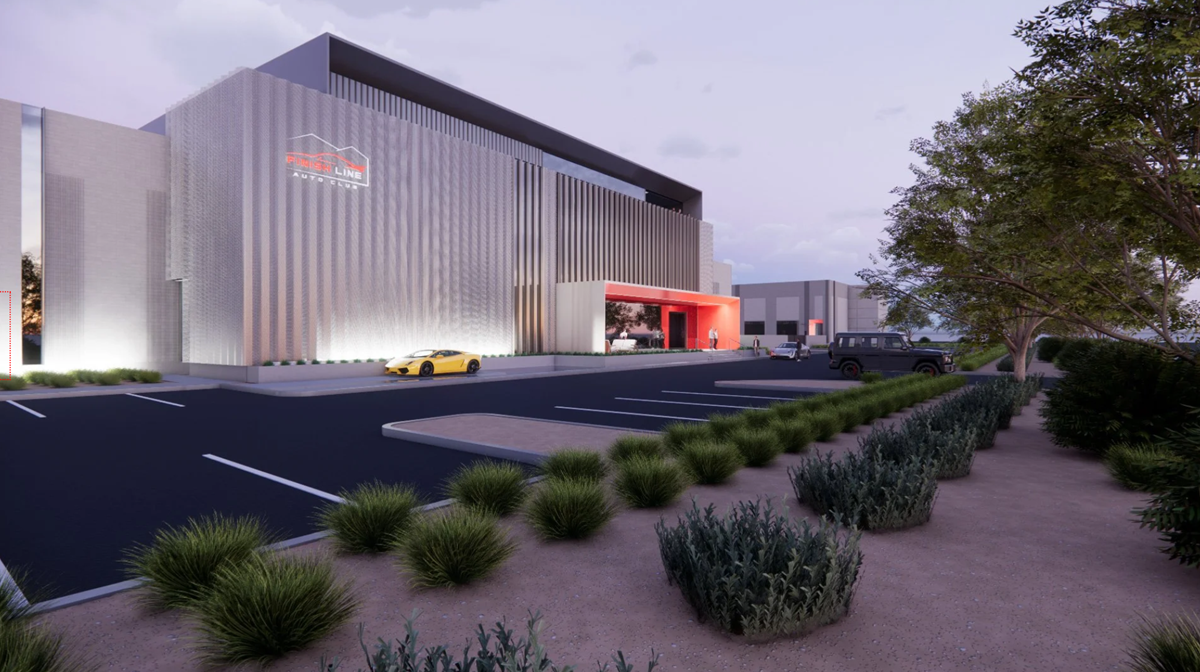 Finish Line Auto Club Scottsdale rendering showing the modern building, signage, collector cars, & landscaped grounds.
