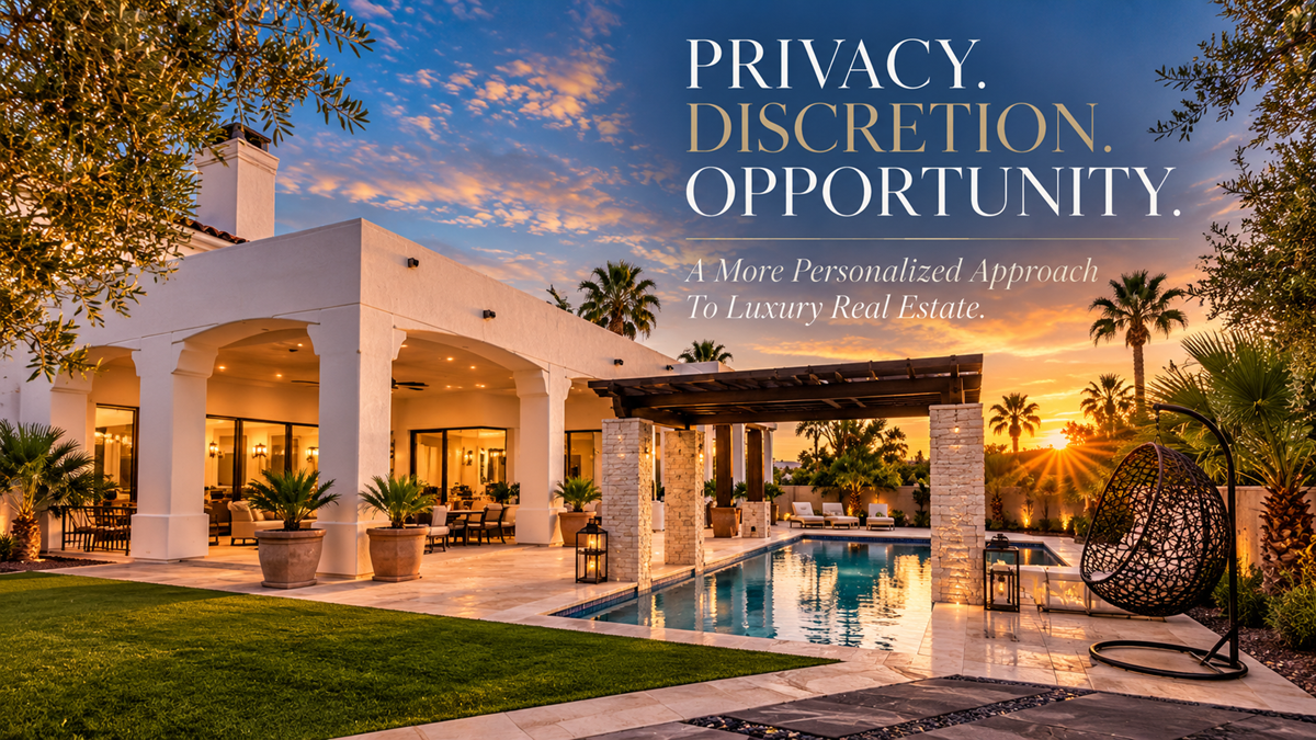 Mediterranean luxury estate at sunset with a swimming pool and landscaping, highlighting privacy, discretion, and opportunity.