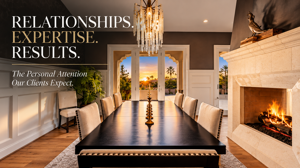 Elegant luxury dining room with a fireplace and chandelier, emphasizing relationships, expertise, and personalized real estate service.