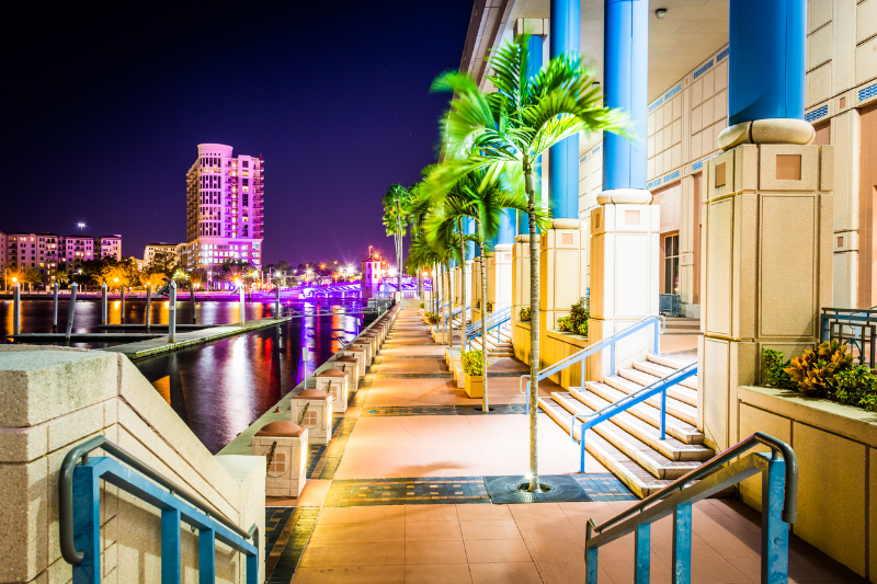 The Convention Center and Riverwalk at night in Tampa, Florida