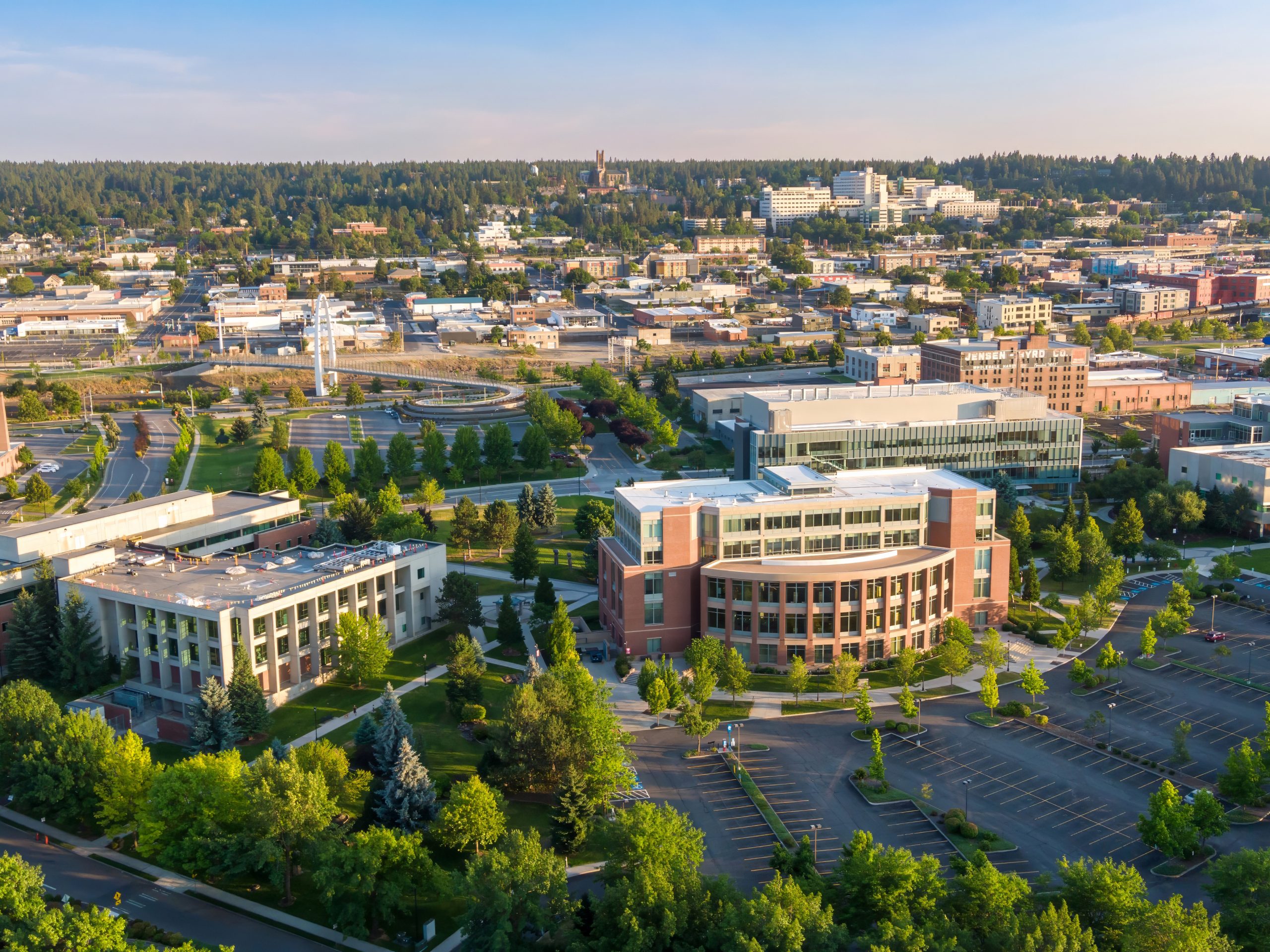 Aerial view of Spokane, Washington, showcasing the city's urban landscape, architecture, and green spaces. The image captures the essence of city life. Washington State University, Spokane, Washington, USA