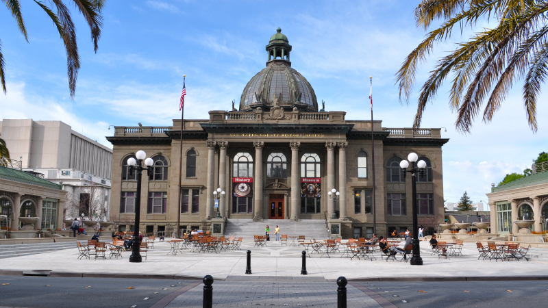 The historic San Mateo County History Museum and open plaza at Courthouse Square in downtown Redwood City.