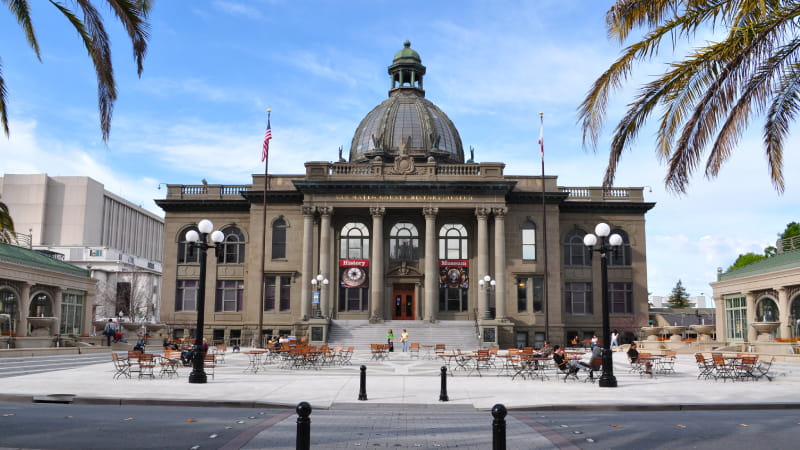 The historic San Mateo County History Museum and open plaza at Courthouse Square in downtown Redwood City.