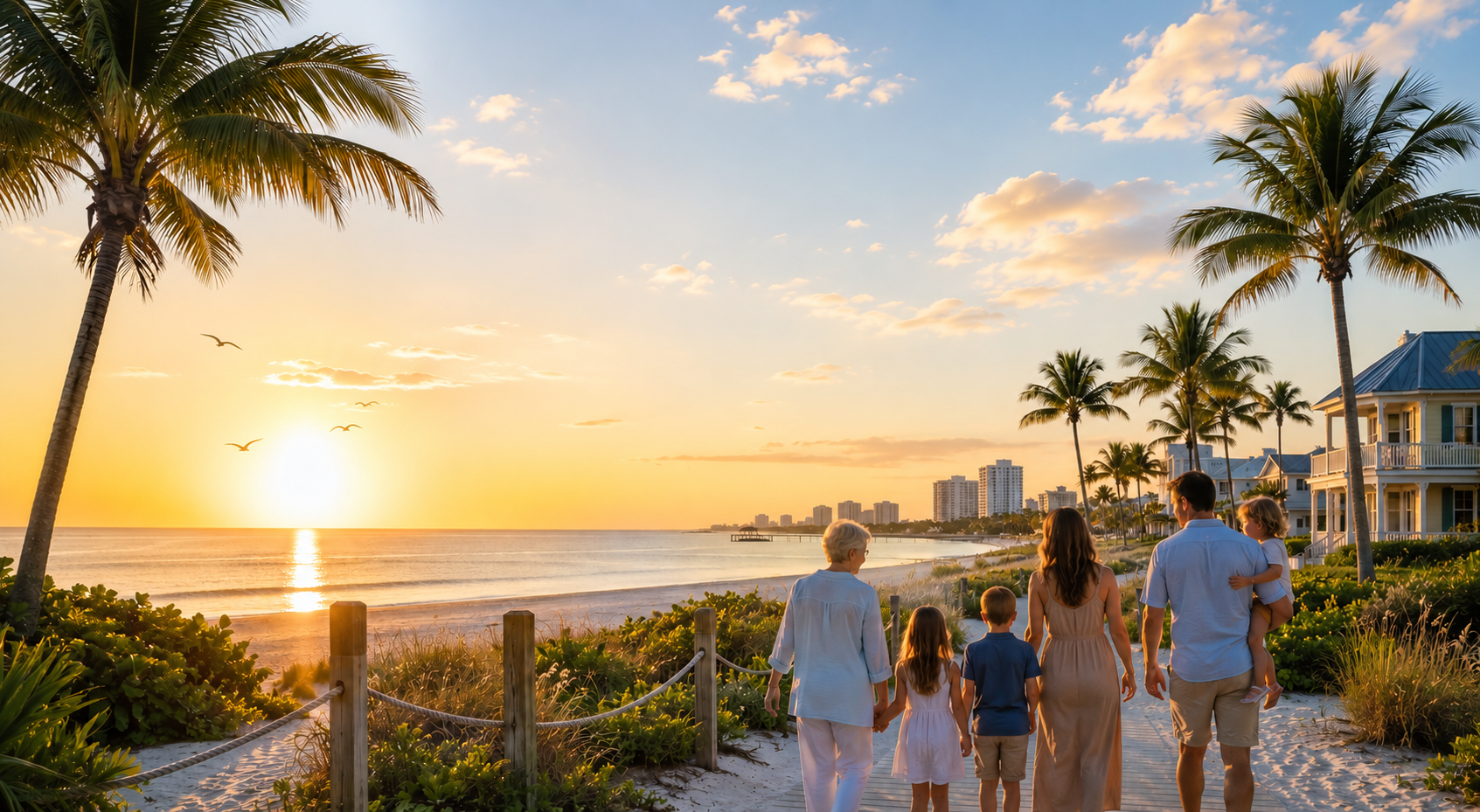 Multigenerational family at sunset on a Florida coastal boardwalk — three generations together near home