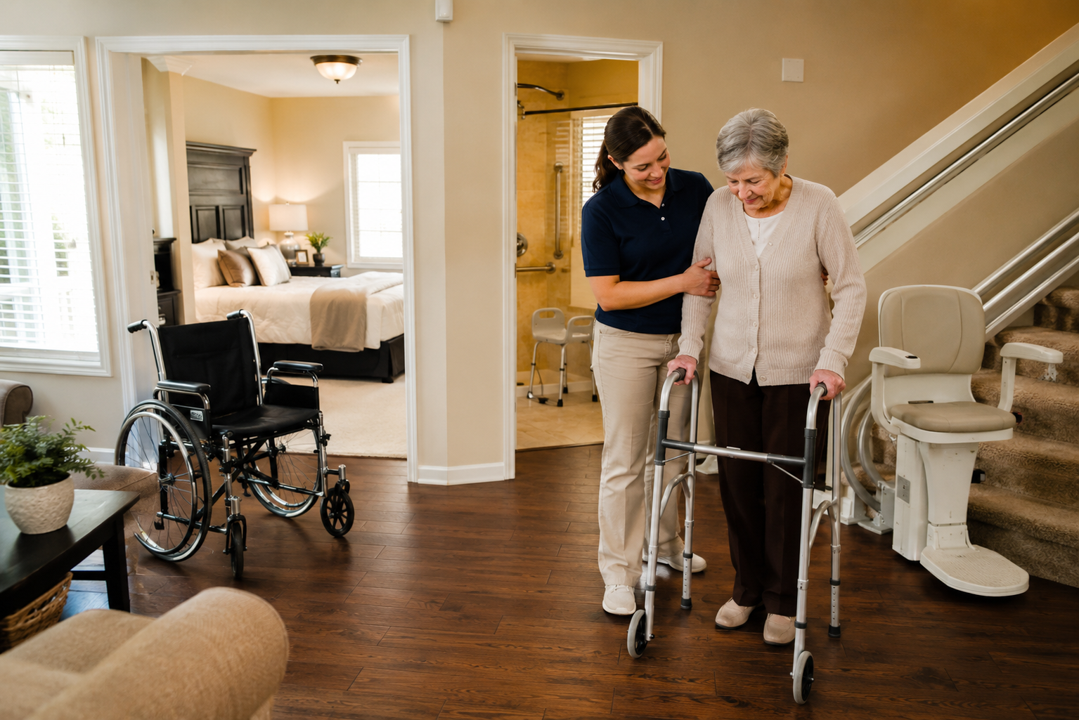 Caregiver assisting older woman with walker in a Florida home