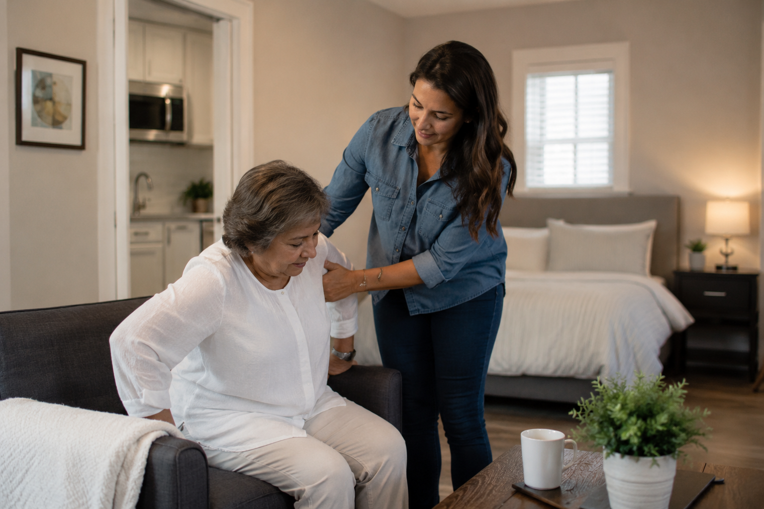 A daughter caring for her aging mother in a multigenerational home suite