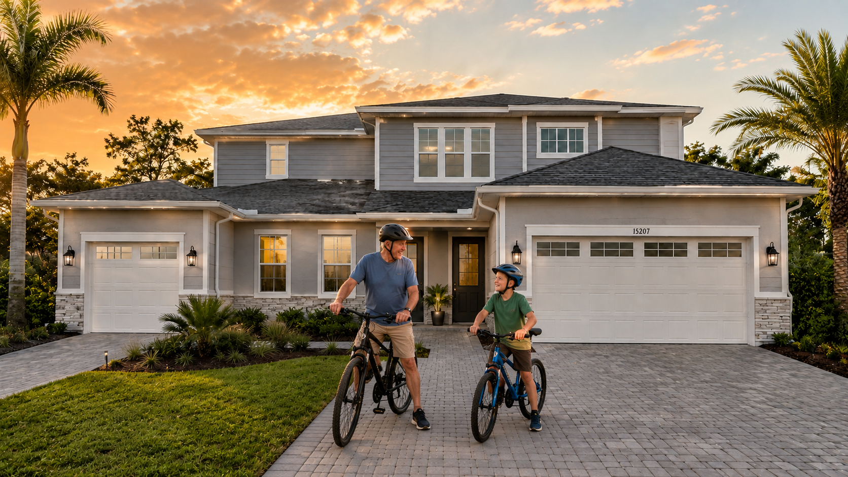 A grandfather and grandson on bikes in the driveway of a multigenerational Florida home at sunset