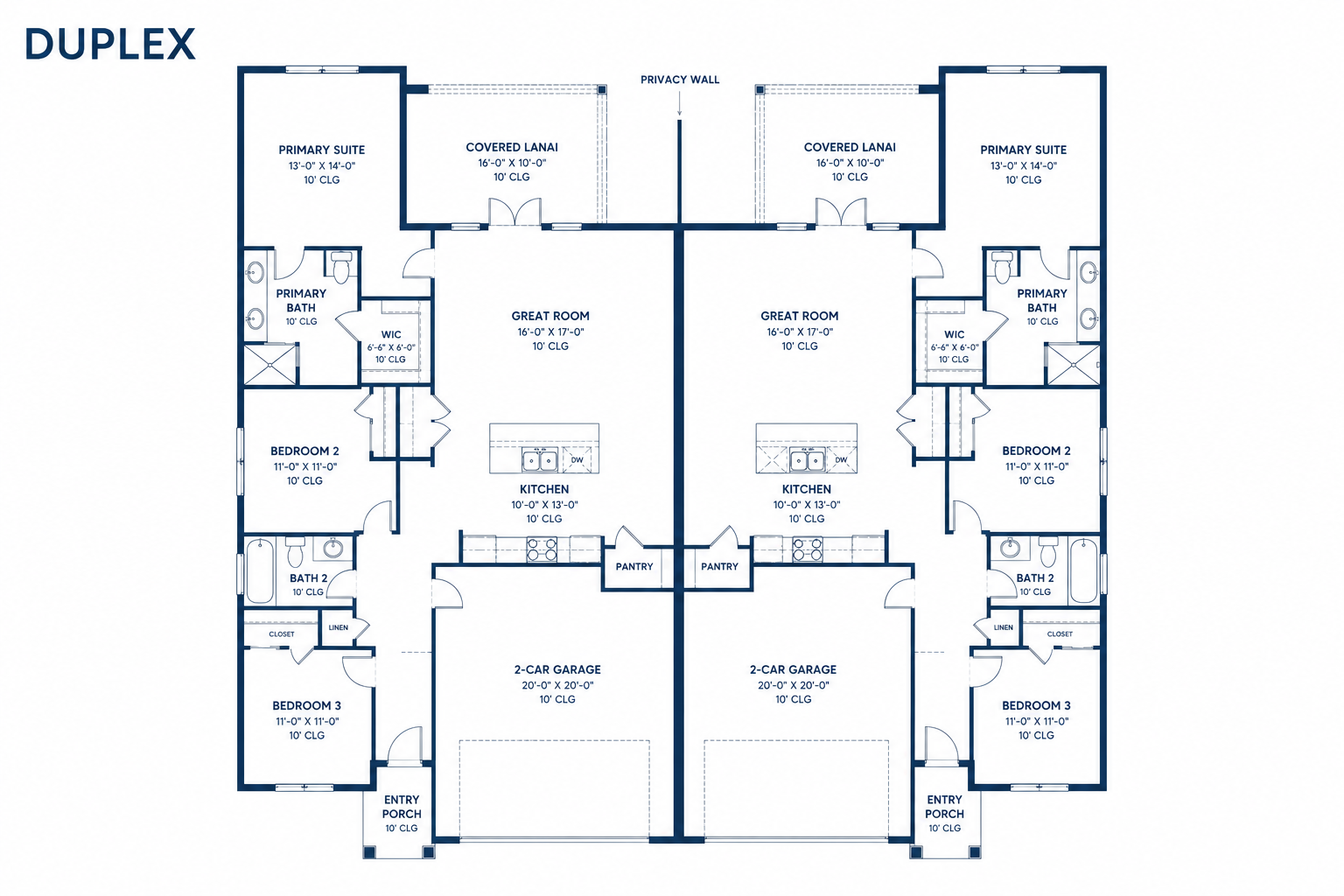 Duplex floor plan example — two complete, independent homes sharing one building, each with its own entrance.
