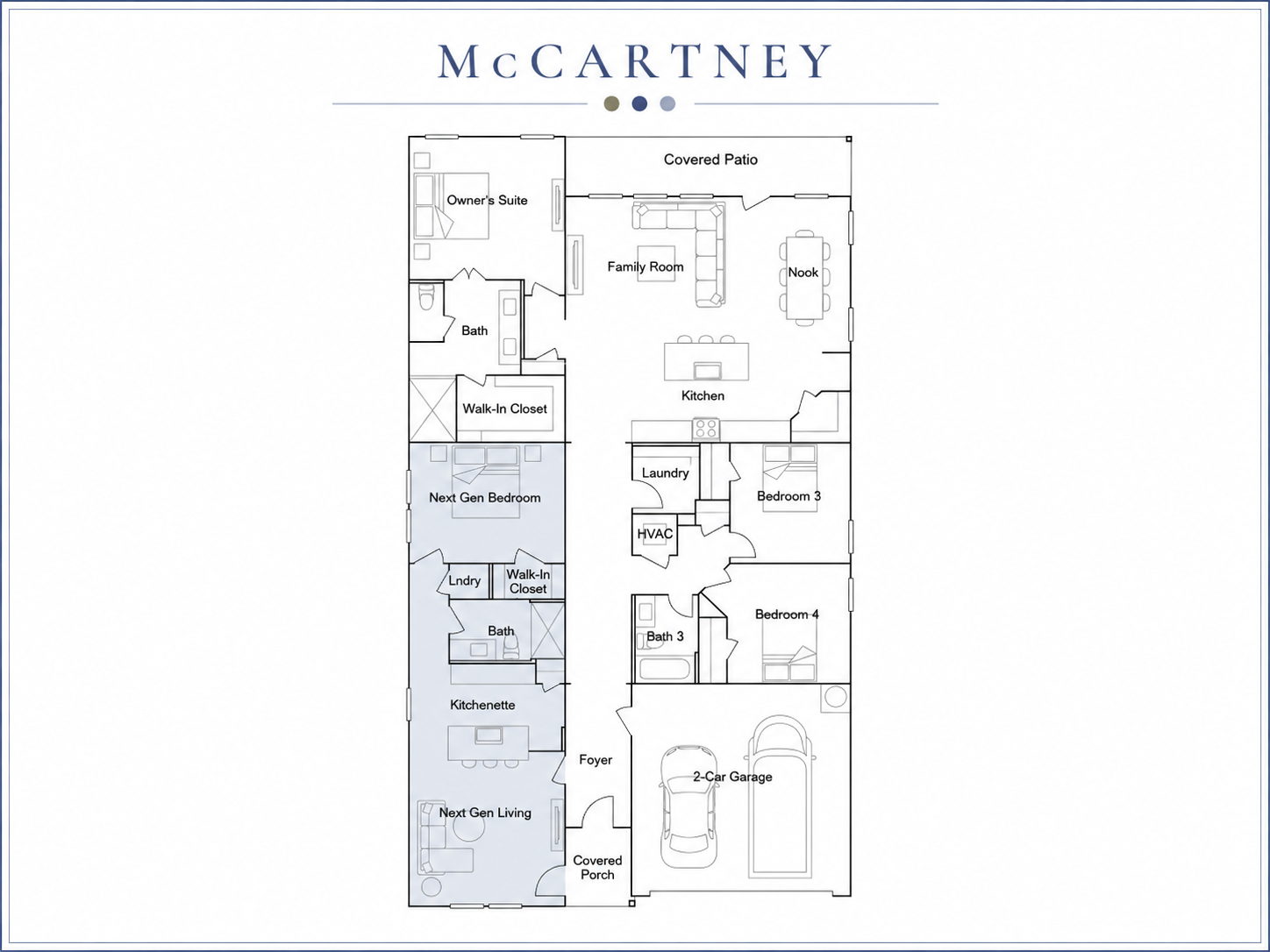 Lennar McCartney Next Gen floor plan, single-story multigenerational home