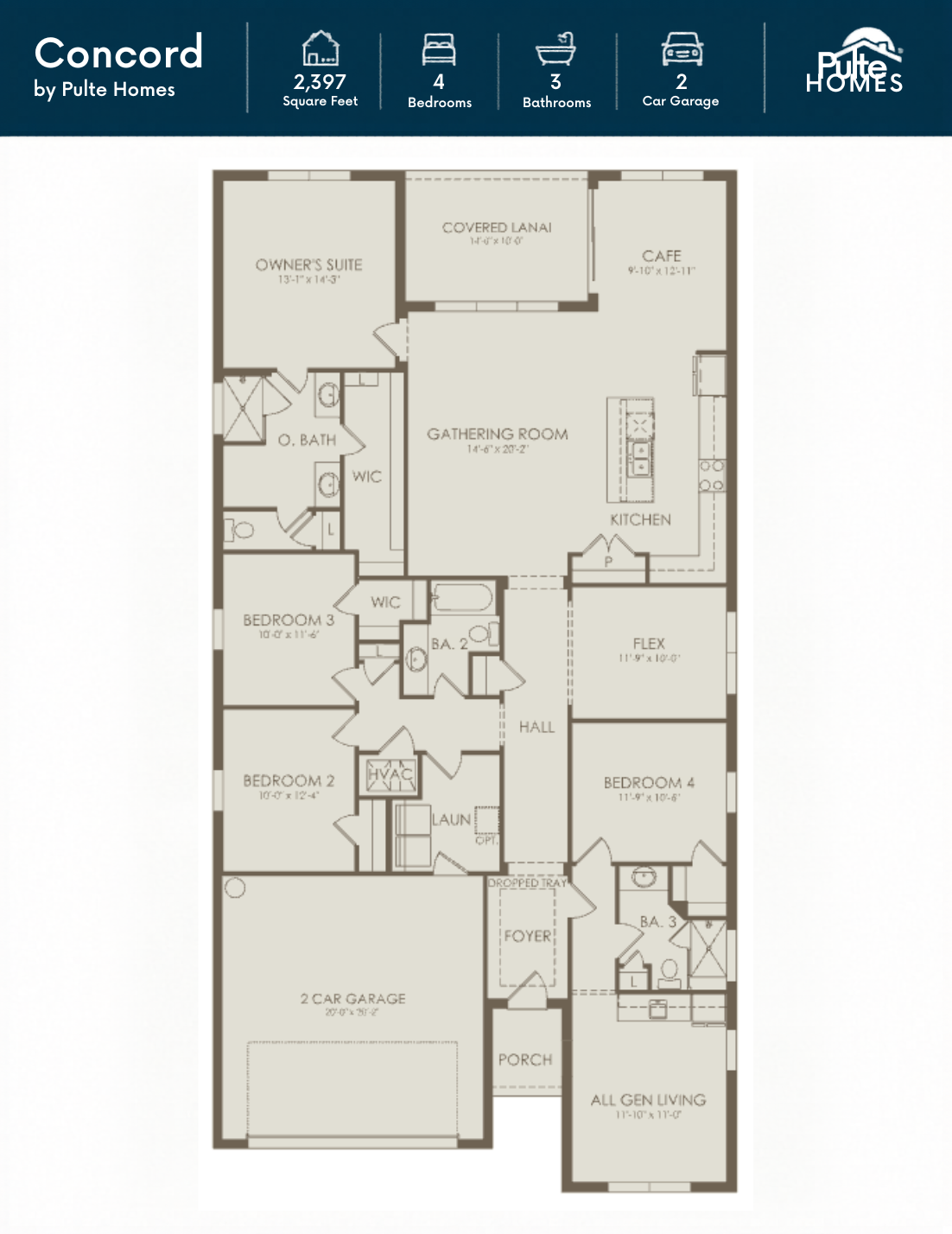 Pulte Concord floor plan layout showing the private multigenerational suite, main living areas, and bedrooms