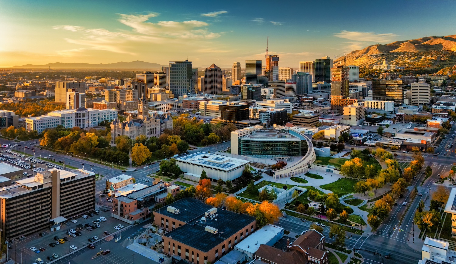 Salt Lake City Skyline Aerial During The Golden Hour