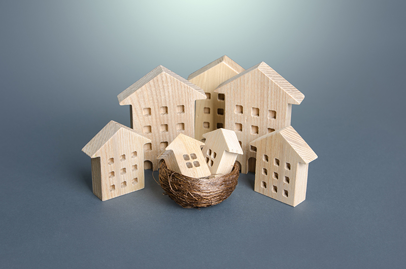 Multi-storey houses and small houses in the bird nest. Parenting concept. Family metaphor. Investing in real estate. Construction industry, development. Real Estate Agent services. Mortgage soft loan